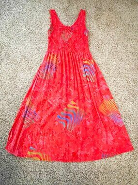Bali Batiks Red Tie Dye Maxi Dress Size Medium Hand Painted Rayon Boho Resort